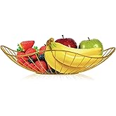 Lainrrew Metal Wire Fruit Basket, Fruit Bowl Fruits Holder Snacks Storage for Kitchen Counter, Metal Bread Basket Vegetable Holder Stand Storage Baskets for Countertop, Home Decor (Gold)