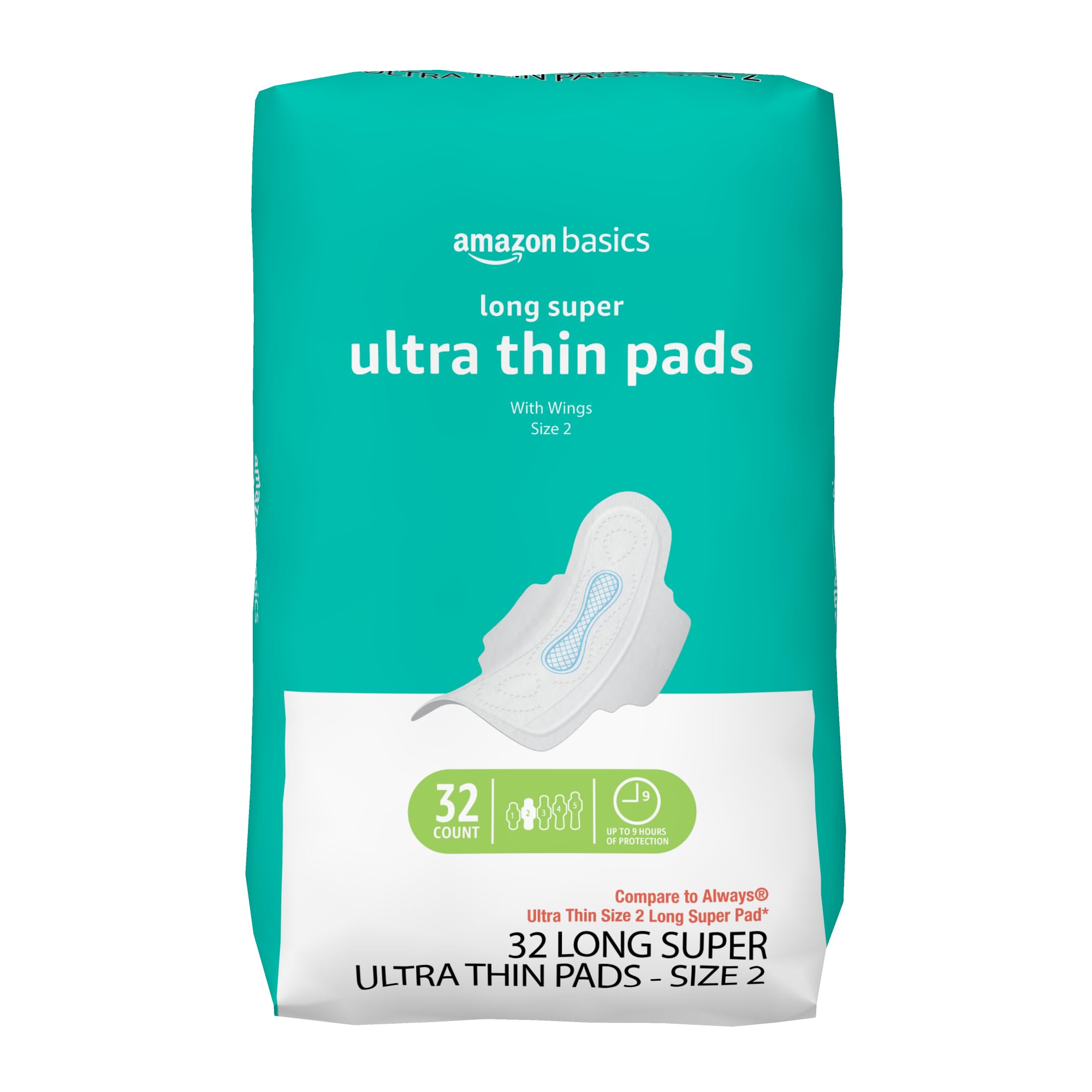 Photo 1 of Amazon Basics Menstrual Pads for Women With Flexi-Wings, Long Length, Size 2, Super Absorbency, 32 Count (Pack of 1)