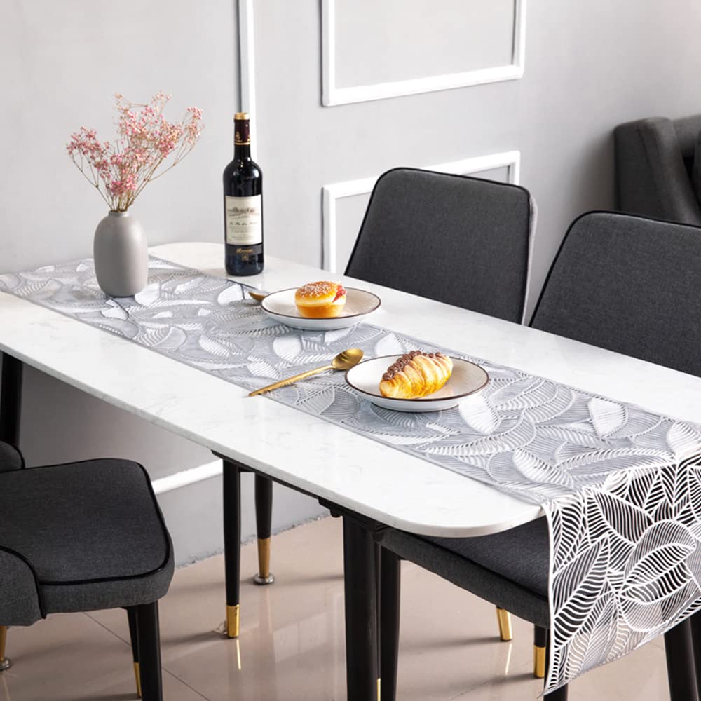 Hosoncovy PVC Hollow Table Runner Non-slip Leaf Decorative Table Mats Placemat for Home Party Kitchen Dining Wedding Decor (180CM X 35CM) (Silver)
