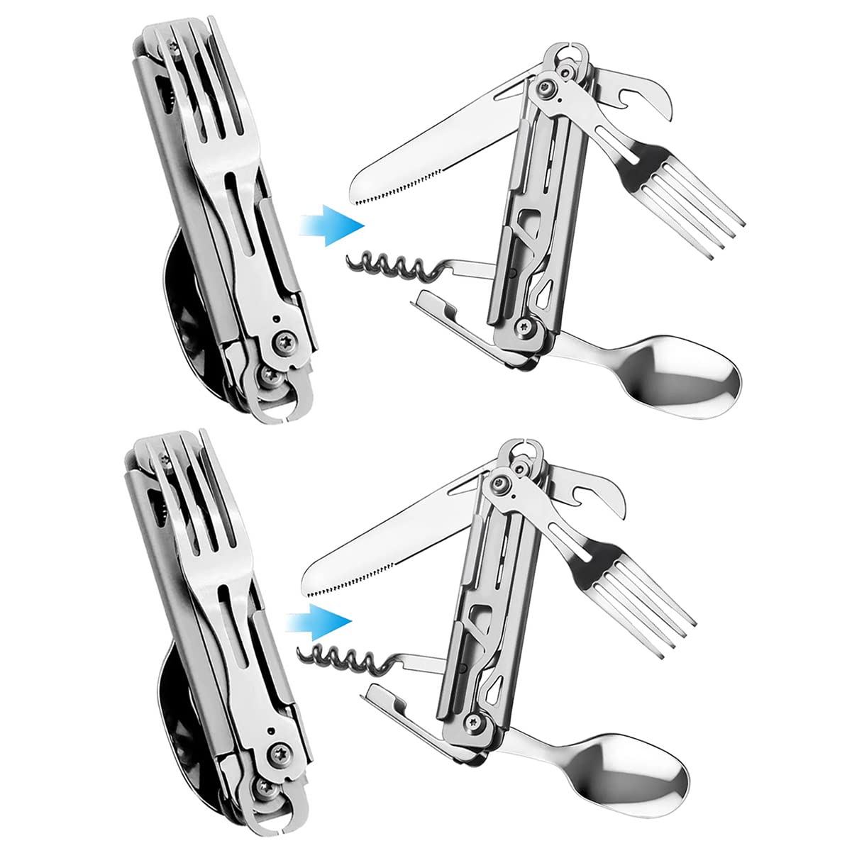 HONZIN Folding Camping Cutlery Set, 5 in 1 Multifunctional Portable Stainless Steel Cutlery, Outdoor Detachable Tableware Utensil for Travel, Hiking, Picnic, with Drawstring Pouch (2 Packs)