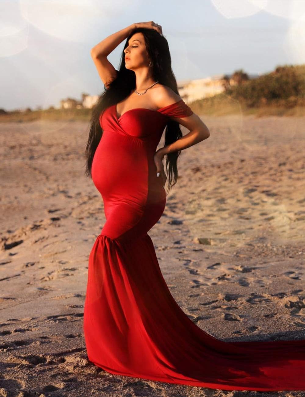 JustVH Maternity Off Shoulder Chiffon Gown Maxi Photography Dress for Photo Shoot Photo Props Dress Burgundy at  Women’s Clothing store