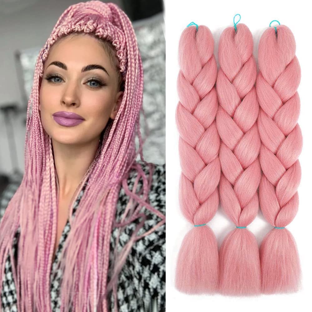 WoWCFyyds 24'' Jumbo Braiding Hair Extensions Huma Pink Jumbo Braids Extensions Hair 3Packs Kanekalon Hair Afro Box Braids Coloured Hair Extensions for Braiding(Huma Pink) — image 1