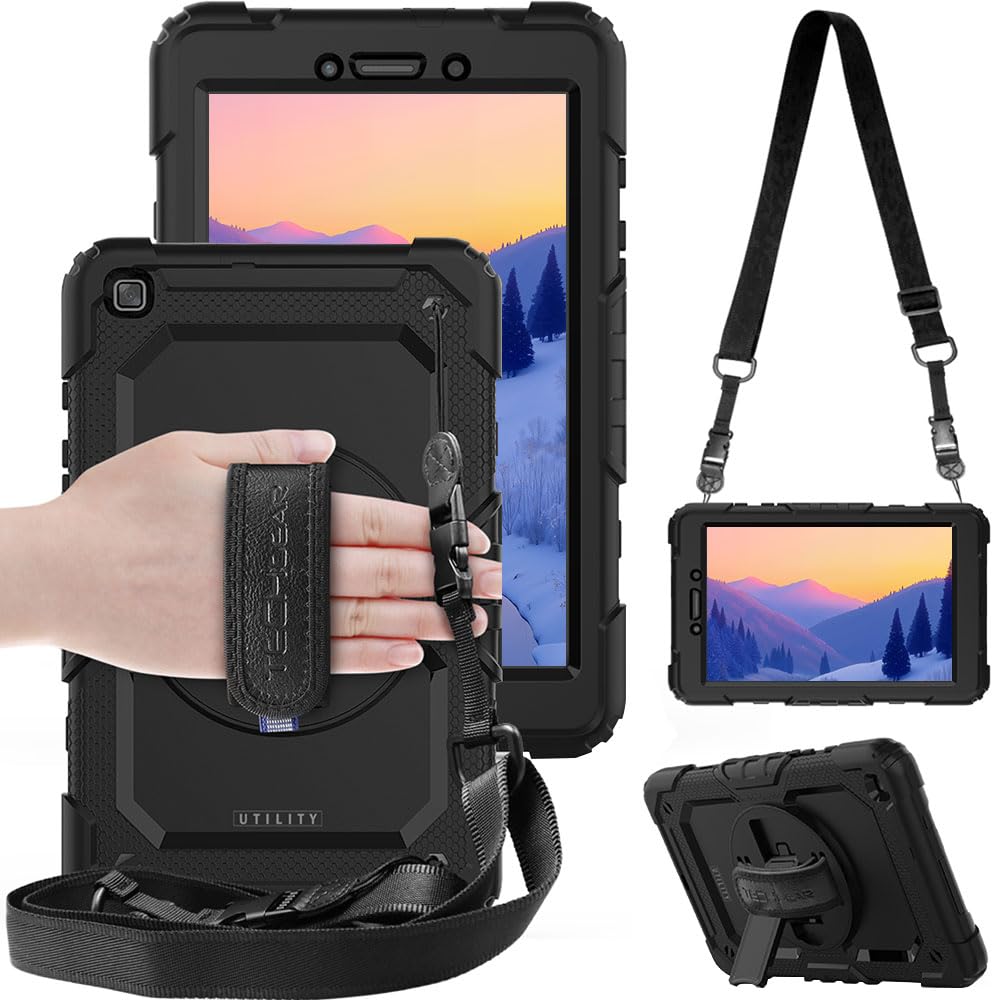 TECHGEAR UTILITY Case fits Samsung Galaxy Tab A 8.0 2019 8" (SM-T290 / SM-T295) Tough Rugged HEAVY DUTY Armour Shockproof Case with 360 Rotating Stand, Hand Strap and Shoulder Strap - Black