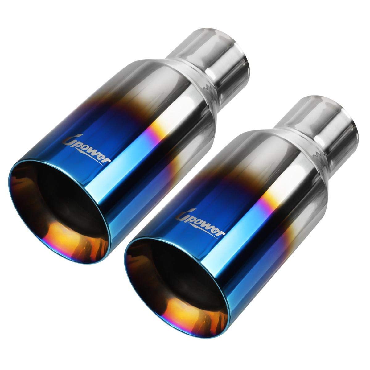 Photo 1 of Upower 2.5 Inch Inlet 4 Inch Outlet Exhaust Tip 2 1/2" to 4" Blue Burnt Exhaust Tailpipe 9" Long Double Wall Straight Cut 304 SS Weld On Pack of 2