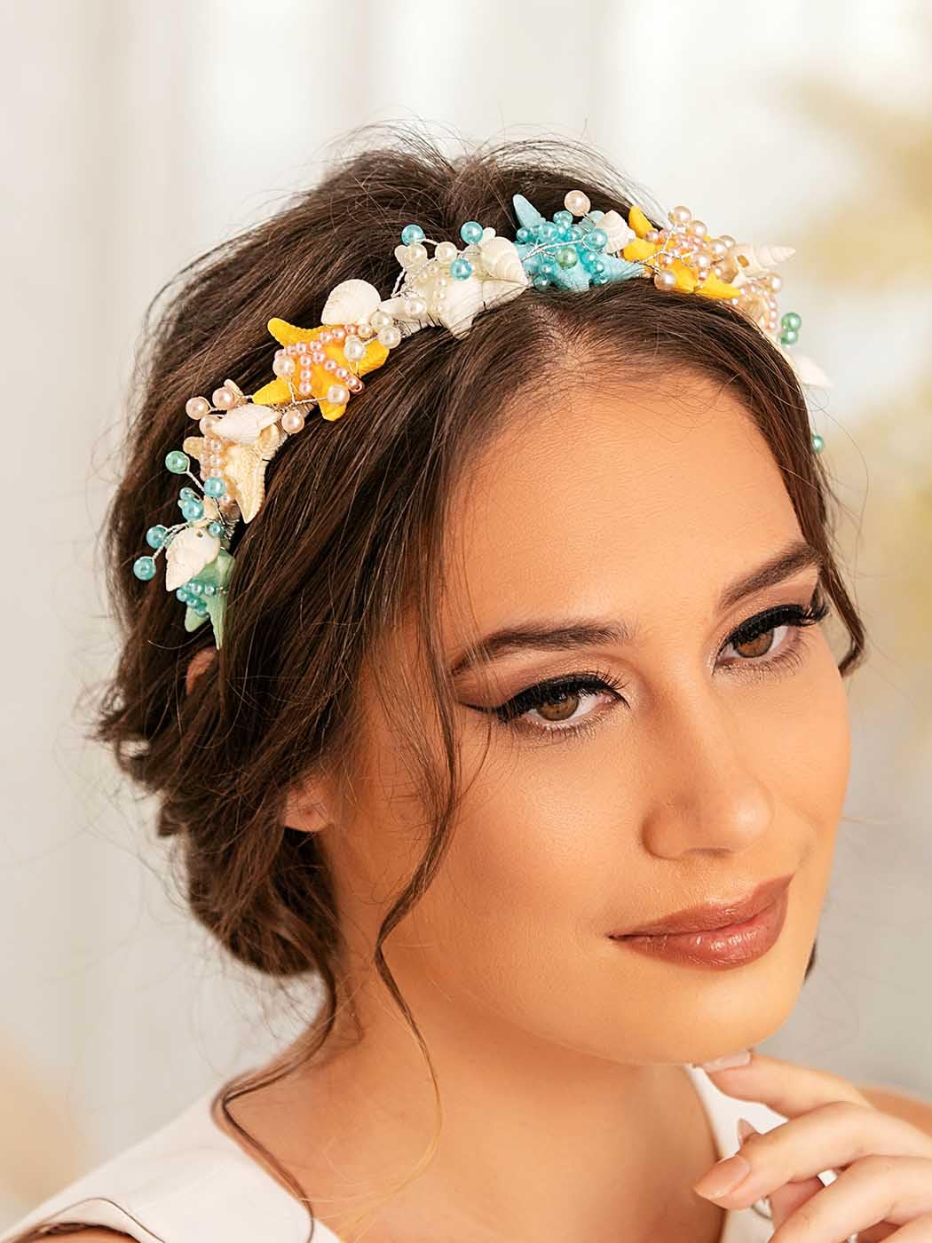 IYOU Starfish Wedding Headband White Pearl Hair Bands Seashell Beach Bridal Bridemaid Hair Accessories for Women and Girls