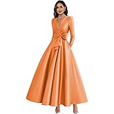 Djqpi Satin Mother of The Bride Dresses for Wedding 3/4 Sleeve Tea Length Formal Gown with Pockets