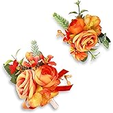 Prom Corsage And Boutonniere Set Orange – Artificial Silk Wrist Corsage & Boutonniere For Men Wedding – Groom Boutonniere For Prom, Homecoming, Courthouse Wedding, White Rose Corsage Wristlet Gift Set