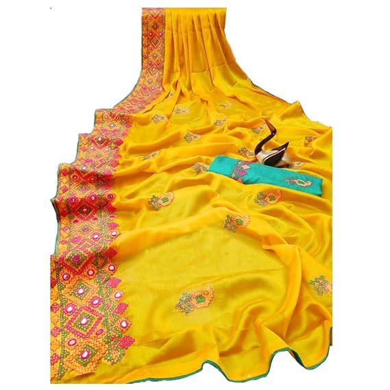 Women's Embroidered Saree And Kashmiri Mirror With Blouse Piece Lemon Yellow colour 2020