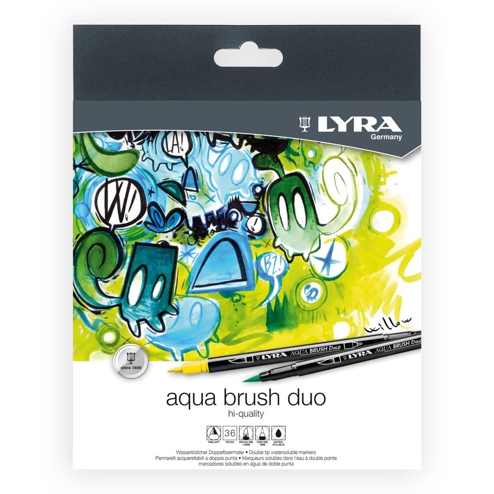 LYRA Aqua Brush Duo, Fine Art Brush Marker Set, Dual Tip, 36 Assorted Colours, Water Soluble Pens, For Professionals & Students