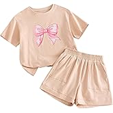 Ecolala Girls 2 Piece Summer Outifts Graphic Short Sleeve Tops and Elastic Waist Shorts Set with Pocket