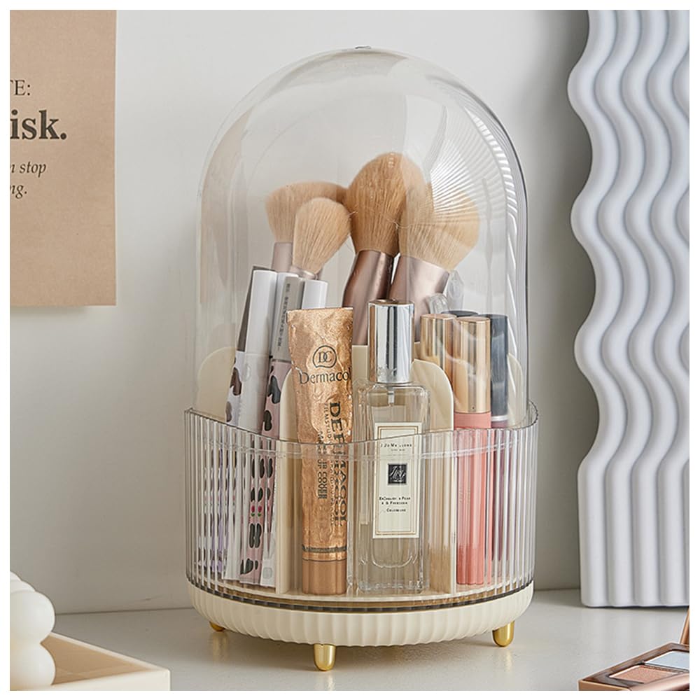 NUODWELL Makeup Brush Holder with Lid, 360° Rotating Makeup Organiser High Capacity Acrylic Makeup Brush Organiser Cup 25cm Height, Cosmetic Brushes Holder Caddy for Vanity (Beige)