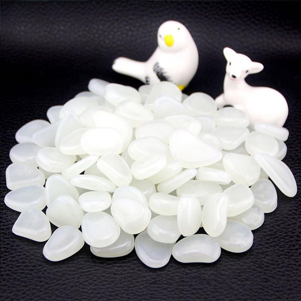 100PCS White Glow Pebbles Stones,DIY Decorative Gravel Stones Glow in Dark Garden Pebbles Luminous Stone for Walkway,Yard,Fish Tank,Park,Flowerpot
