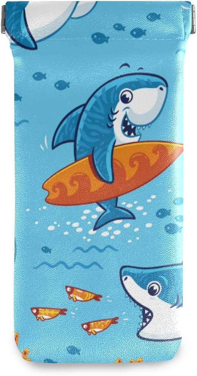 VIKKO Underwater Cute Cartoon Sharks Blue Eyeglass Pouch Microfiber Leather Squeeze Top Stylish Sunglasses Case for Women