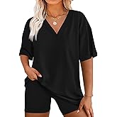 Beautife Womens Plus Size 2 Piece Lounge Sets V Neck Oversized T Shirts Biker Shorts Workout Matching Summer Outfits