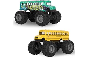 Crelloci 2 Pack School Bus Monster Truck Toy, Die Cast Big Wheel Monster Truck, Green Yellow Pull Back Car Toys, Play Vehicle Gifts for Kids, Toddlers, Boys Age 3+