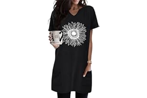 KISSMODA Women's Drawstring Tunic for Leggings Casual Short Sleeve Hooded Long Shirts with Pockets Dress Length Tunic