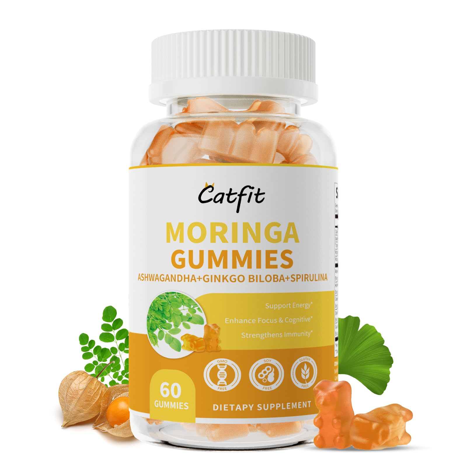 Photo 1 of **2 pack***Sugar Free Moringa Gummies for Women Men - Pure Moringa Leaf Supplement for Adults with Ashwagandha, Spirulina,Ginkgo | Gut & Immune Support, Vegan, Orange Flavor, 60Cts