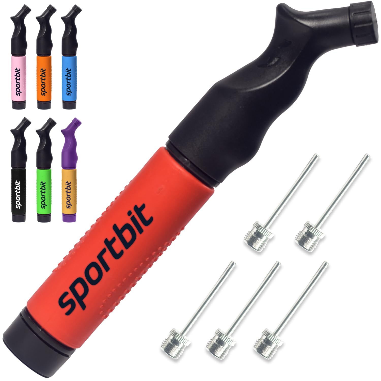 SPORTBIT Ball Pump with 5 Needles - Push & Pull Inflating System - Great for All Sports Balls - Football Ball Air Pump, Volleyball Pump, Basketball Inflator - Goes with Needles Set