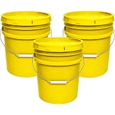 MKS Plastics Yellow 5-Gallon Heavy-Duty Bucket with Airtight Lid, 3-Pack | 90-Mil, Food-Grade, BPA-Free Plastic Food Storage Container with Metal Handle, Comfort Grip &amp; Stackable Design &ndash; Made in USA