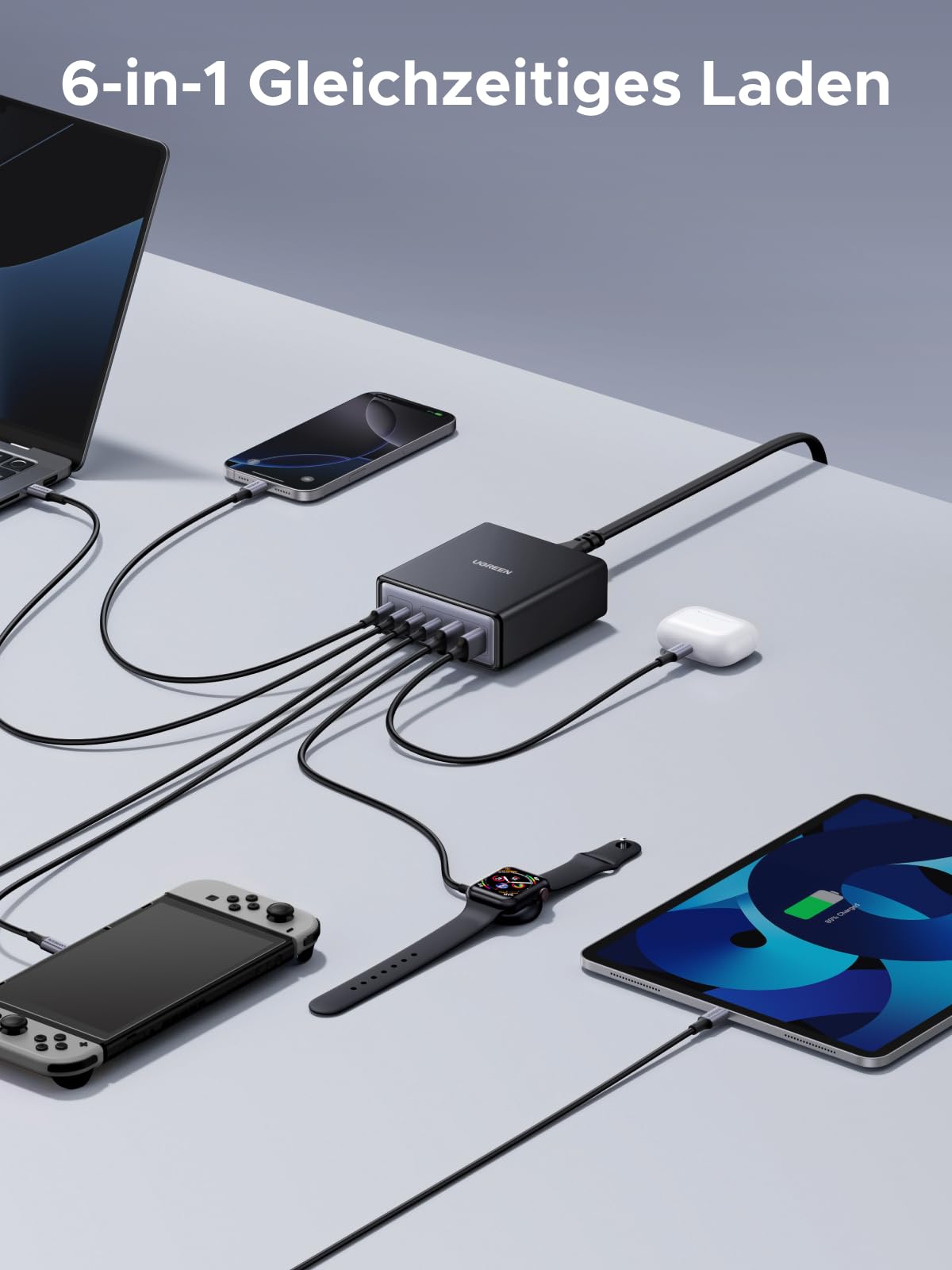 UGREEN 100W USB C Ladegerät 6-Port Ladestation 65W GaN Netzteil PPS Schnellladegerät Mehrfach kompatibel mit MacBook Pro/Air, iPhone 17-8 Serien, Galaxy S25, S24, A15, Pixel 9, iPads 4