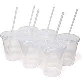 Rolling Sands 16 Oz. Reusable Plastic Stadium Cups with Lids, 6 Pack, USA Made Tumblers and Lids, Includes 6 Reusable Straws; Dishwasher Safe, Translucent Clear