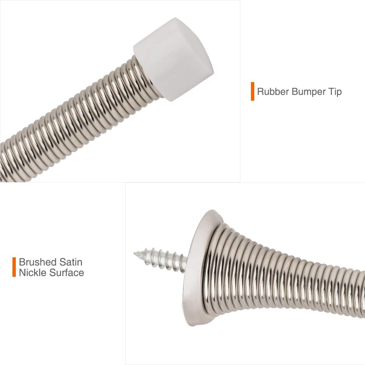 KOVOSCH 6 Pack Spring Door Stops Brushed Satin Nickel- 3-1/4" Flexible Spring Door Stopper with White Rubber Bumper Tips - - 