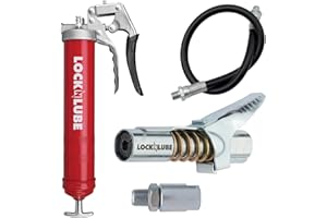 LockNLube Heavy-Duty Pistol Grip Grease Gun (Red). Includes our patented LockNLube® Grease Coupler (Locks On, Stays On, Won't