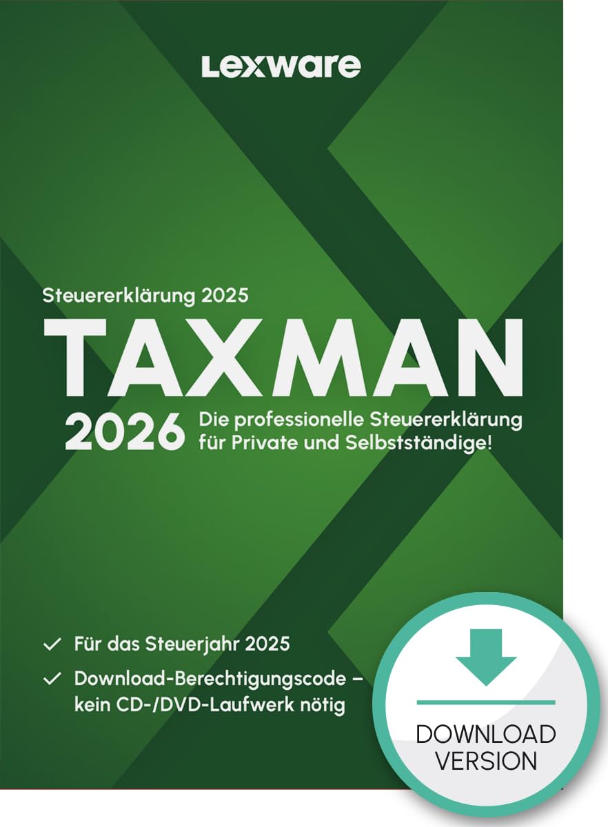 TAXMAN 2026 (für Steuerjahr 2025)| Download |Steuererklärungs-Software für Arbeitnehmer, Rentner u. Pensionäre, Familien, Studenten und im Ausland Beschäftigte | PC Aktivierungscode per Email