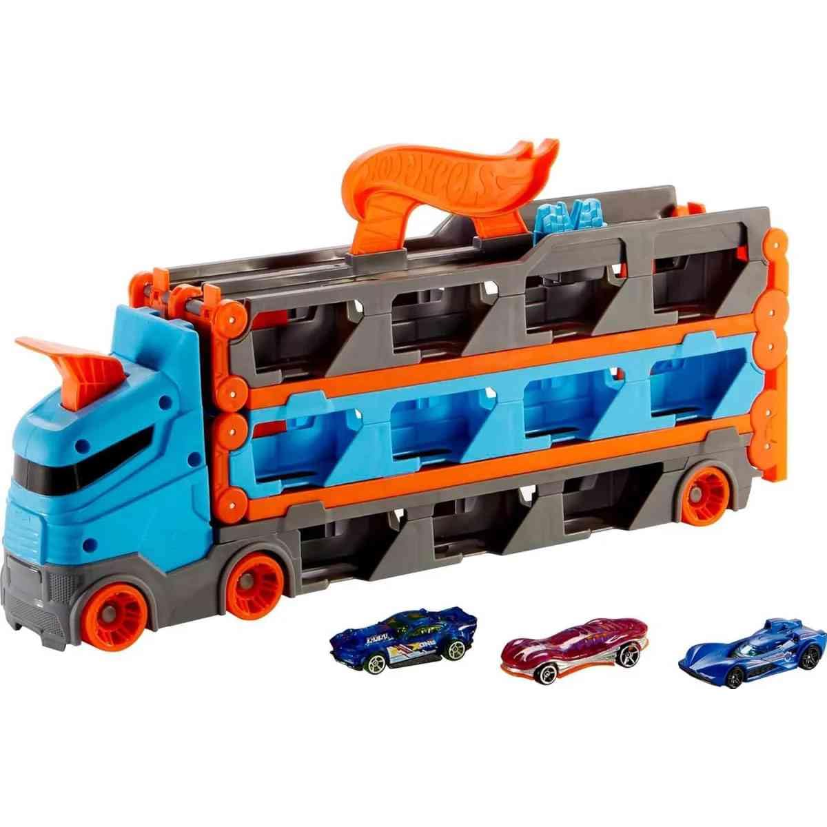 Hot Wheels - 2:1 Autorennbahn zu Transporter, inkl. 3 Spielzeugautos, mit Doppelstarter, Auslösefunktion und Weiche, Platz für 20 Autos, Spielzeug ab 4 Jahre, HGH33 4