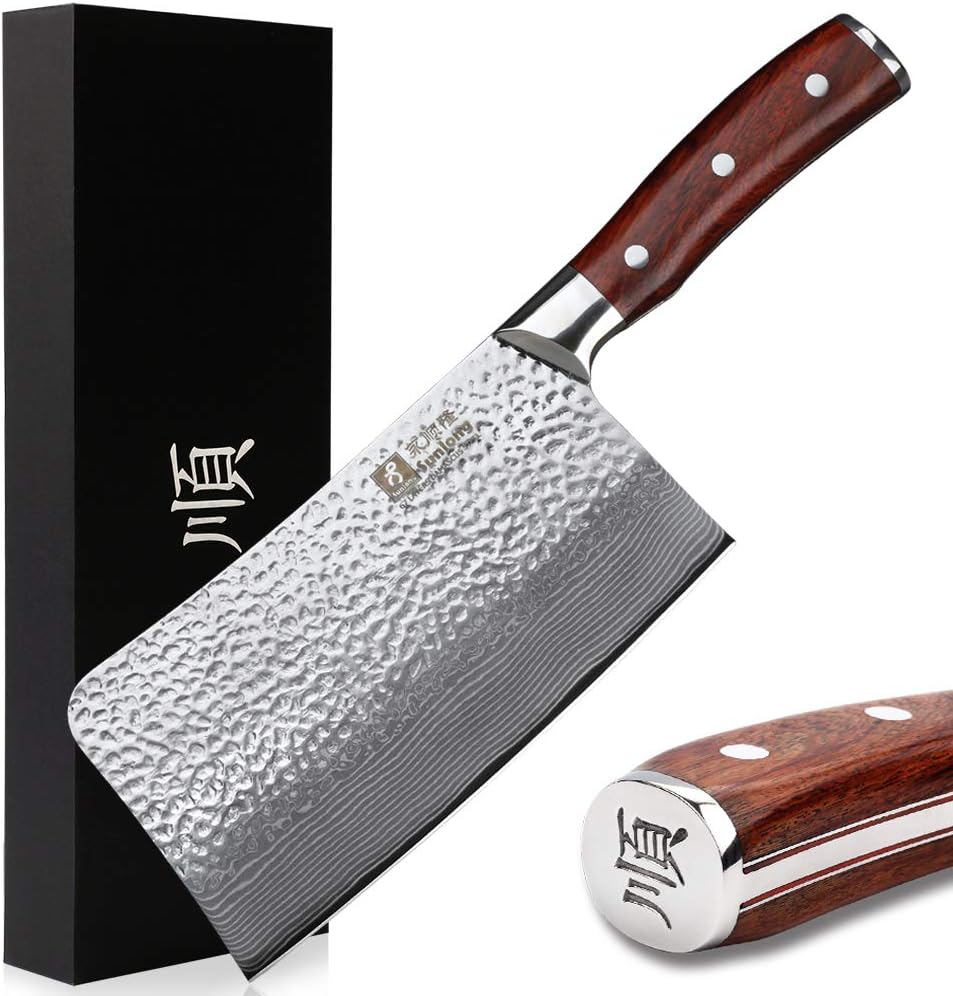 Sunlong Chopper Knife 7.5 inch Butcher Bone Cleaver Hammered Damascus Full Tang Natural Bloodwood Handle