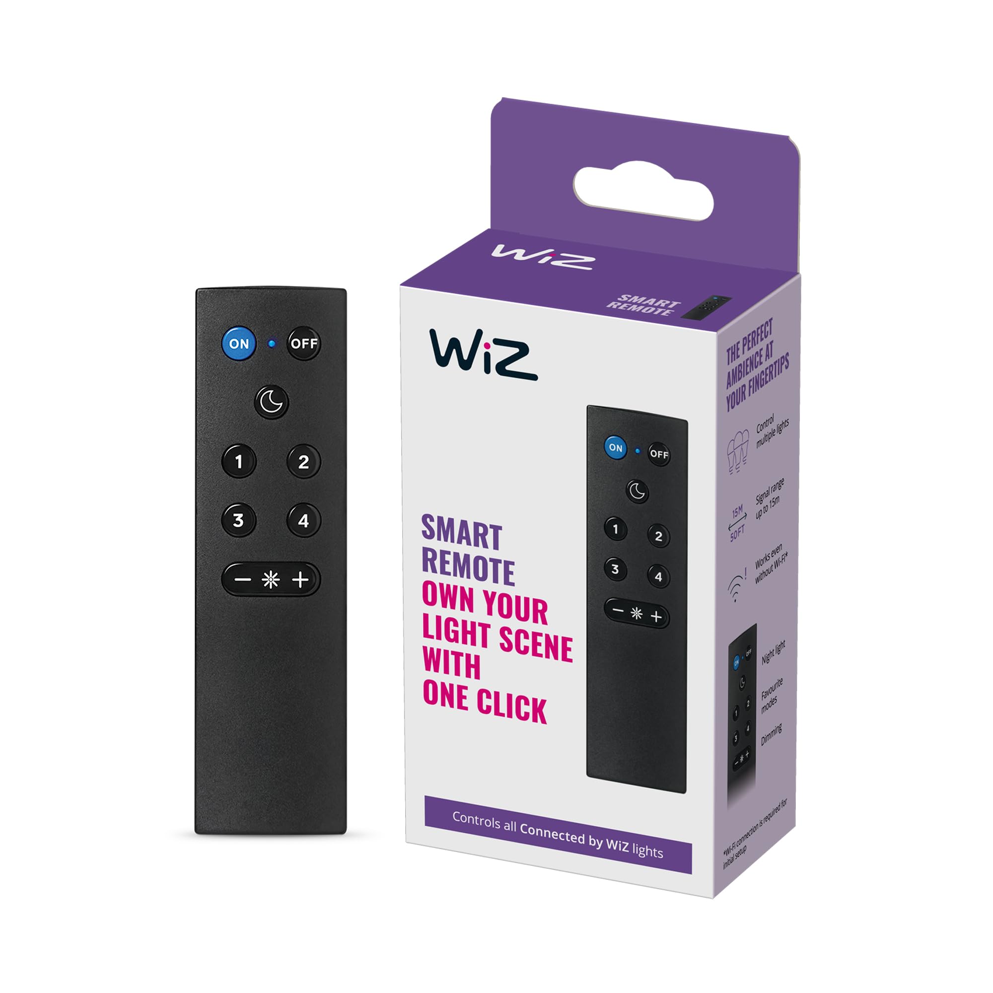 WiZ WiZmote - The Wireless Remote for Smart Connected WiFi Lighting. Easy Control for Home Indoor Lighting, Livingroom, Bedroom, Kitchen. Black