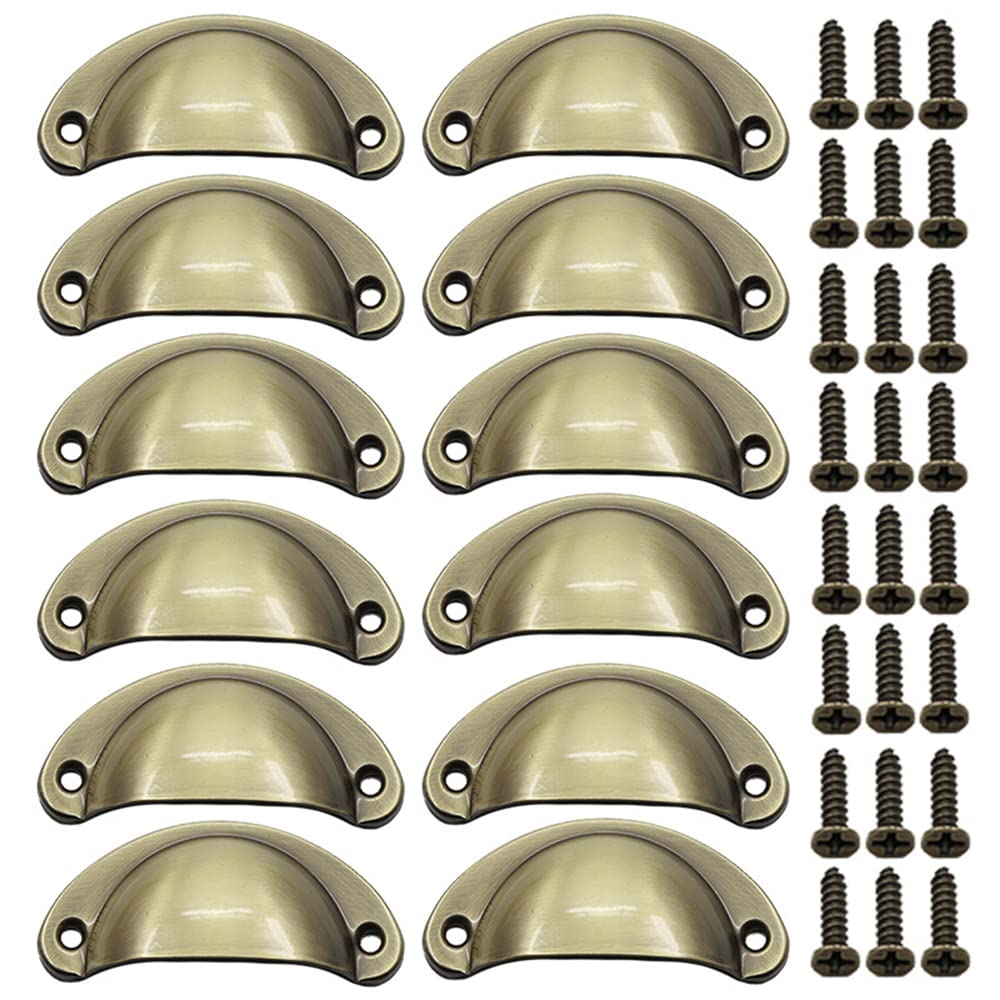 Lxoraziy 12 Pcs Shell Cup Handles, Vintage Half Moon Pull Handles, Antique Bronze Furniture Knobs, for Cabinet, Cupboard, Dresser, Wardrobe, Drawer, with Screws (Brushed Bronze)