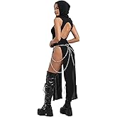 Aucute Sexy Goth Outfit for Women, Sheer Sleeveless Punk Streetwear Rave Festival Dress, Hollow Out Split Hooded Dresses