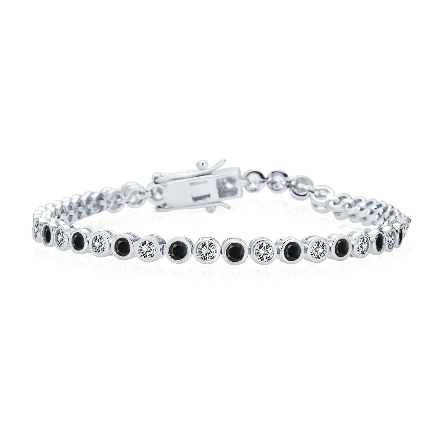 Bling Jewelry Formal Holiday Party Bridal Black White Alternating Cubic Zirconia Bubble Circle Bezel Solitaire AAA CZ Tennis Bracelet For Women .925 Sterling Silver 7 Inch — image 1