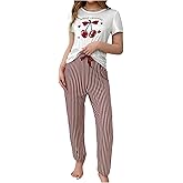 Floerns Women's 2 Piece Sleepwear Cherry Short Sleeve Tops and Striped Pants Pajama Set