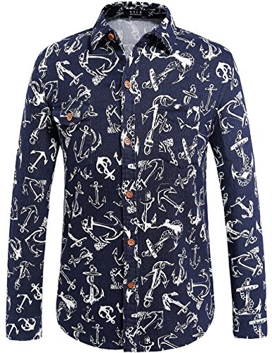 SSLR Men's Straight Fit Long Sleeve Print Denim Shirt
