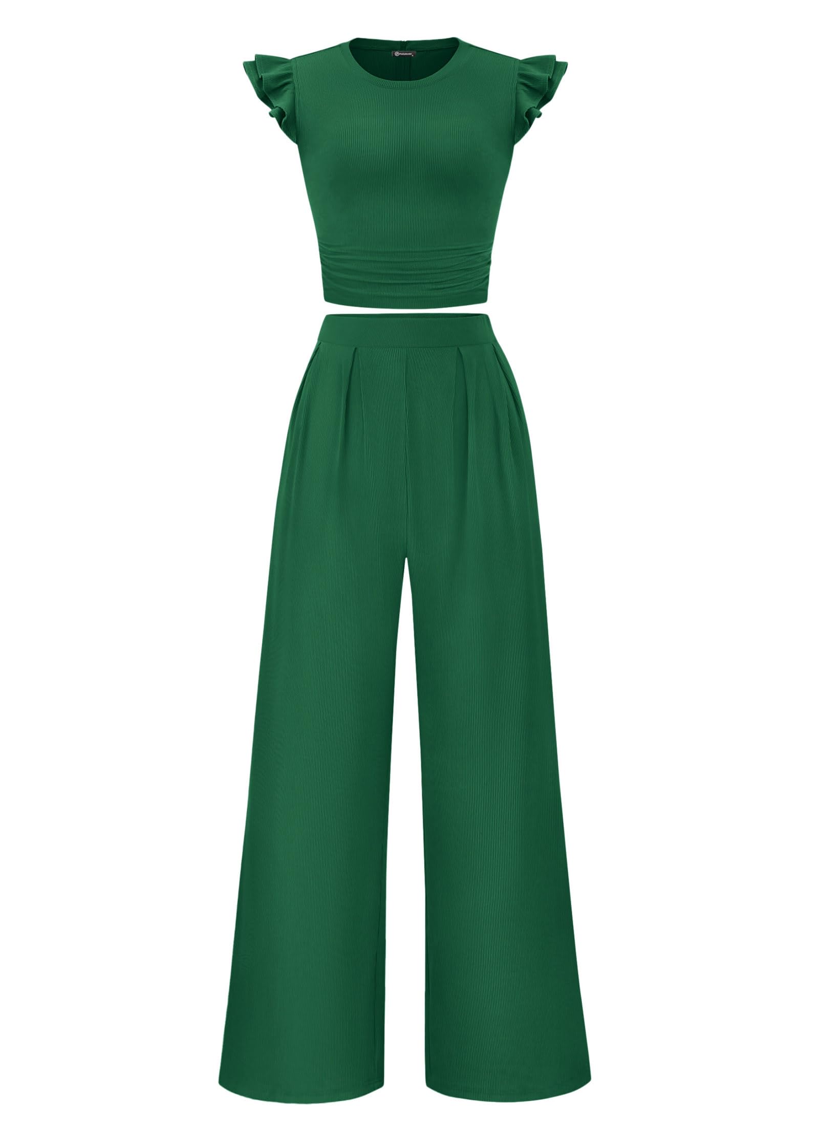 Photo 1 of **Top Only** KIRUNDO Two Piece Sets For Women Summer Ruffle Cap Sleeve Crop Tops Wide Leg Palazzo Pants Casual Travel Vacation Outfits(Green, Medium)