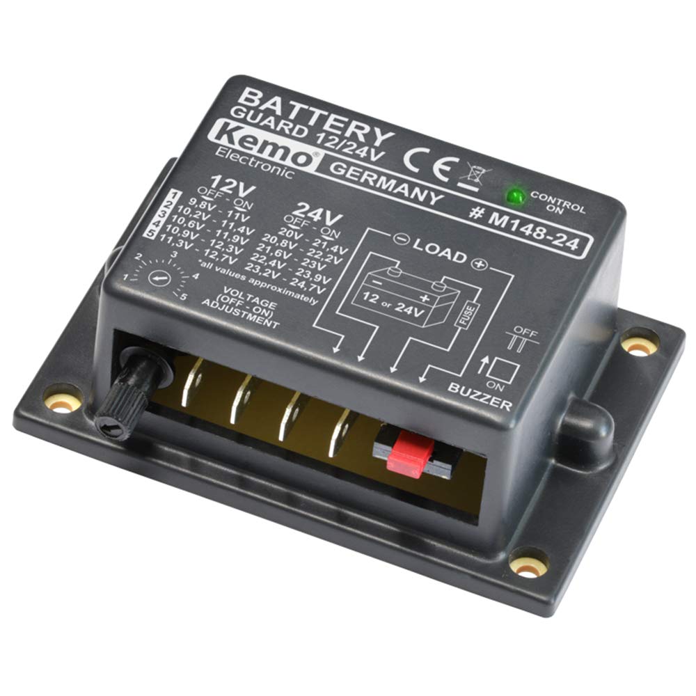 Kemo M148-24 Battery Monitor for 12 or 24 V/DC. Protect car batteries from deep discharge. Automatically turns on after normal voltage returns. Automatic battery detection