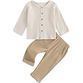 VISGOGO Toddler Boy Linen Outfit Baby Boy Fall Winter Clothes Set Button-Down Shirt Tops Cotton Linen Pants 2PCS