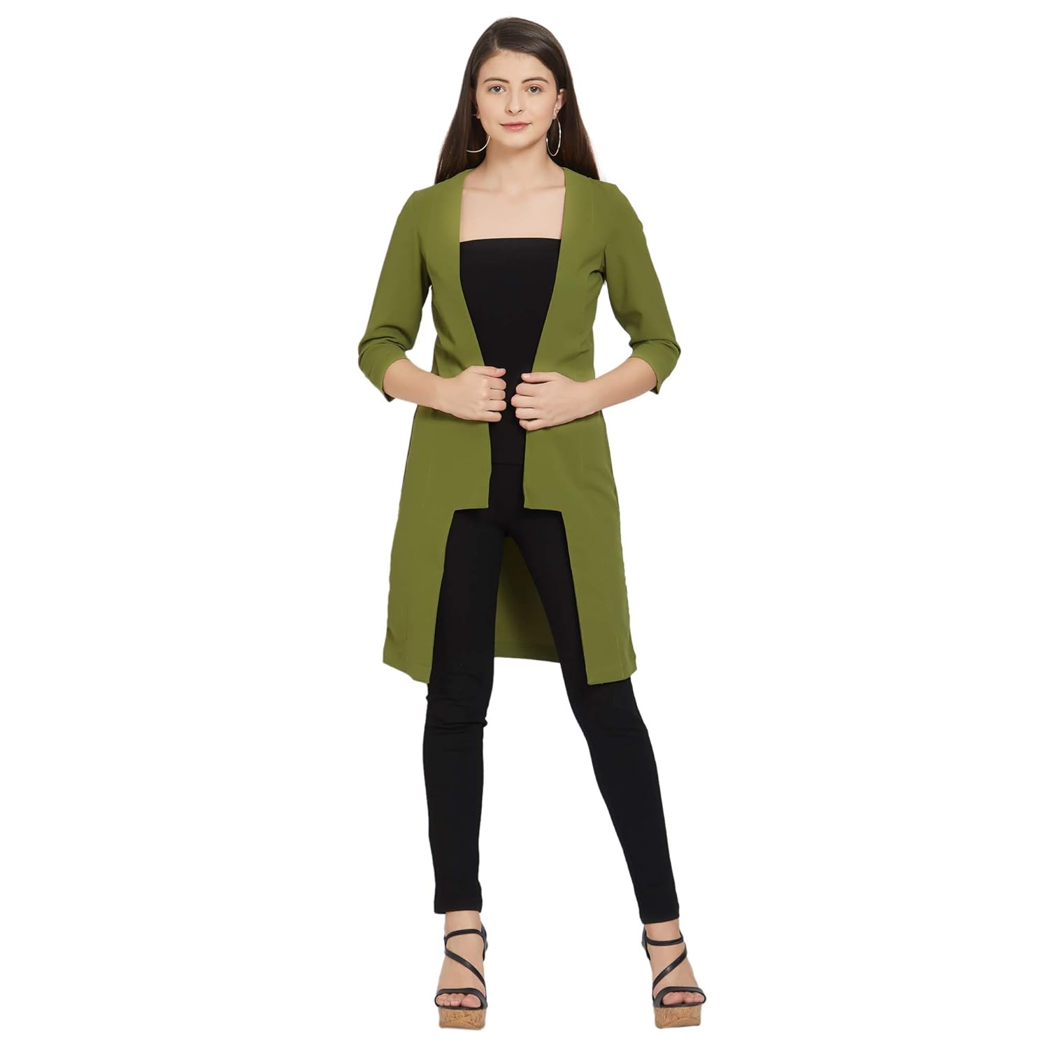 smarty pants women's olive green poly cotton long jacket (smsh_79a)