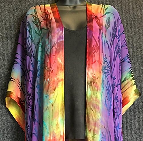 Hand Dyed Silk Long Robe with Fringe in Bamboo "Burn Out" Pattern
