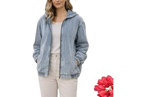 Women's Oversized Casual Full Zip Up Denim Bomber Jacket with Hood, Ladies Long Sleeve Loose Hooded Jean Jacket Coat