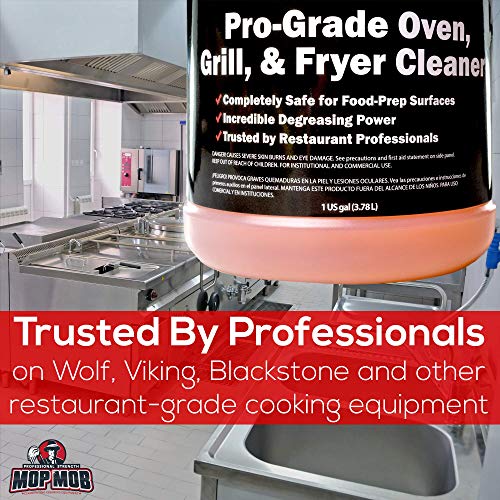 Mop Mob Pro-Grade Grill Cleaner Liquid 1 Gallon. Food-Safe Ultra-Strong Eliminates Baked-On Grease & Carbon. Use Concentrate on Ovens, Cast Iron Cooktops, Stainless Steel Flat Tops & Deep Fryers