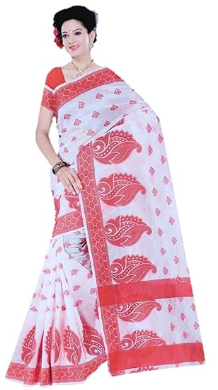 Women's Handloom Saree Garad Pattern Lal Paar Style With All Over Work And Blouse Piece (White And Red) Durga Puja Bengali Style Saree