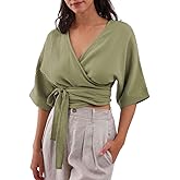 Amazhiyu Womens Summer Short Sleeve Crop Tops Cotton V Neck Self Tie Wrap Blouse