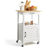 VEVOR Kitchen Island Cart with Single Door Cabinet, Mobile Carts with Drawer, Towel Rack, Hooks, Portable Table on Swivel Wheels, Small Coffee Islands Microwave Stand for Dining Room, 18x23 in, White