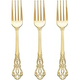 Joyido 75PCS Gold Plastic Forks - 8.1inch Gold Forks Disposable - Vintage Heavy Duty Dessert Forks - Premium Fancy Plastic Silverware for Parties, Weddings, Dinners and Events