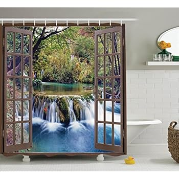 Ambesonne Waterfall Shower Curtain, Wide Waterfall Deep Down in The Forest Seen from a City Window Epic Surreal Print, Cloth Fabric Bathroom Decor Set with Hooks, 70