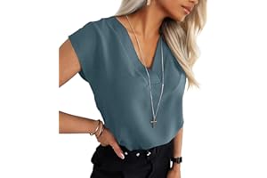 Qixing Women's V Neck Blouses Cap Sleeve Shirts Casual Loose Work Office Solid Tops