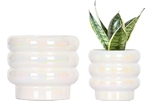 YFFSRJDJ 5.7 Inch +4.1 inch 2 pcs Ceramic Plant Pots for Indoor Plants, Rainbow Pearl Glaze Planter with Planters for Plants with Drainage Hole, Orchid Pots, Succulent Pot, Flower Pot (White)